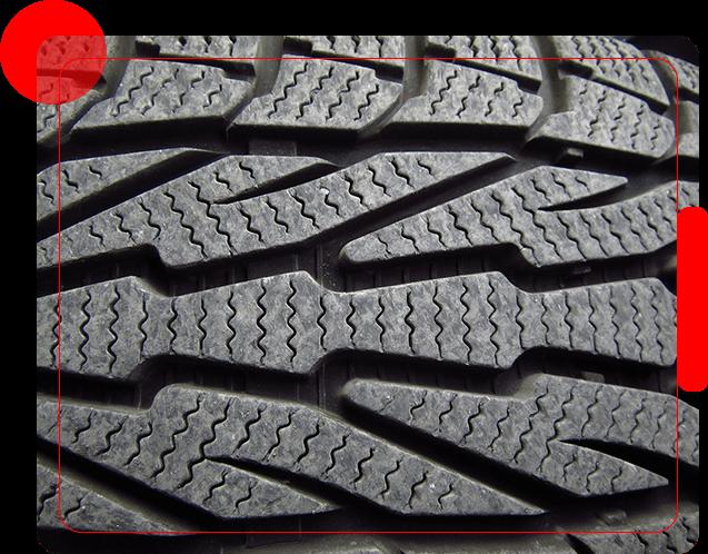 A close up of the tire tread pattern on a car.
